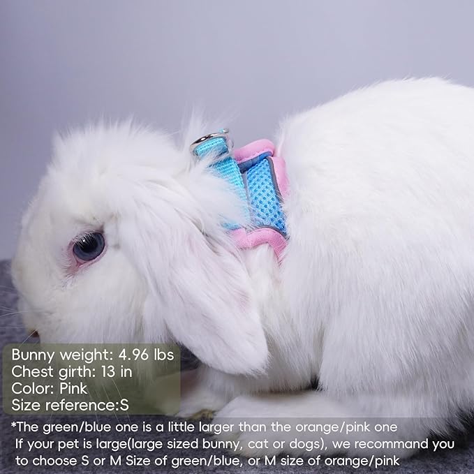 Rabbit Harness and Leash Set Escape Proof, Adjustable Soft Padded Vest, Breathable Mesh Bunny Harness with Reflective Strap, Safe for Small Animals(Orange,S)
