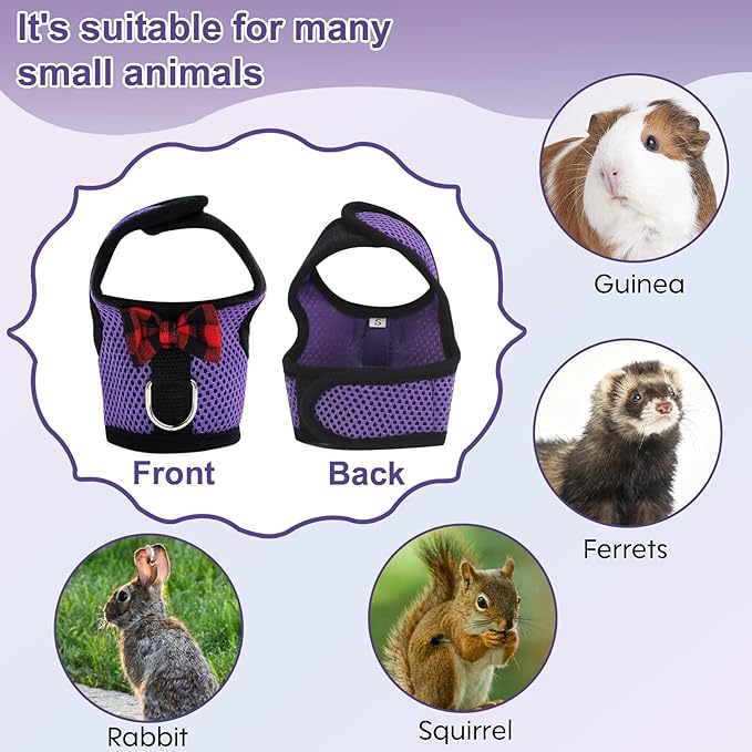 Guinea Pig Harness and Leash，2packs Guinea Pig Clothes Baby Ferret Rats Hamster Soft Mesh Harness Leash for Decoration，Hamster Harness can be Adjusted to Any Size. (Pink + Purple)