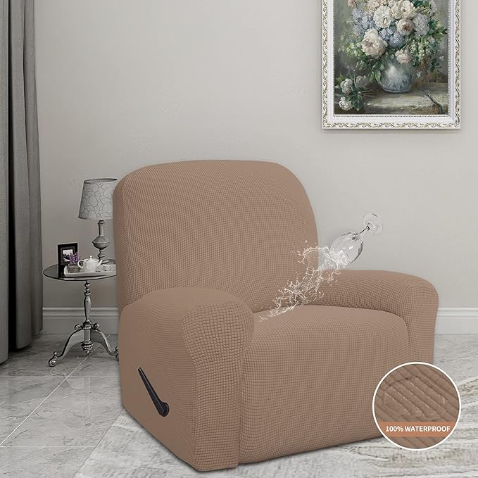 Easy-Going 100% Waterproof Recliner Cover, Dual Waterproof Couch Cover for Recliner, 1- Piece Jacquard Sofa Cover, Leakproof Sofa Slipcover for Kids, Pets, Dog and Cat (Recliner, Camel) 1 Seat