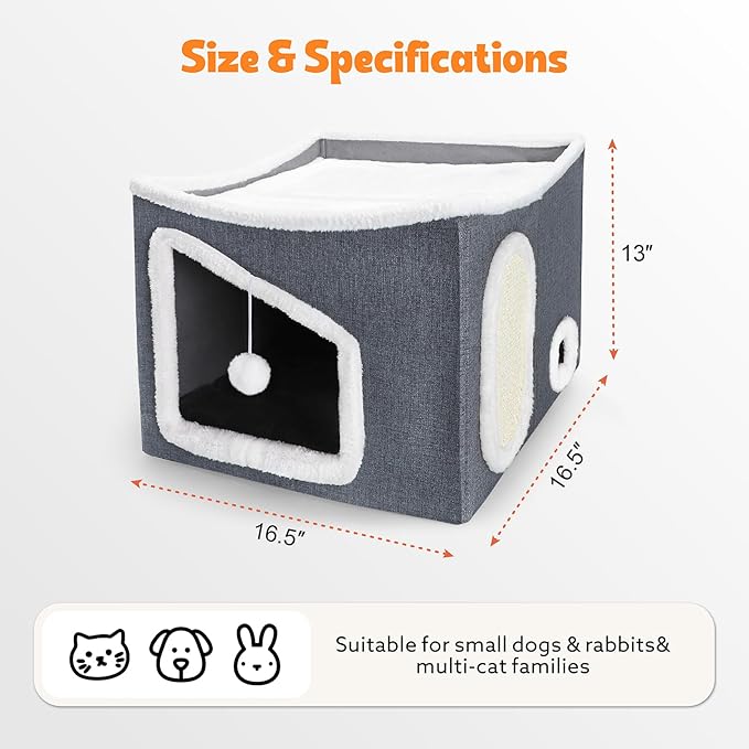 Tovve Heated Cat House for Indoor, Large Cat Bed with Heating Pad, Adjustable Temperature & Timing, with Fluffy Ball Hanging and Scratch Pad, Foldable Pet Hideaway for Small Medium and Large Cats（XL）