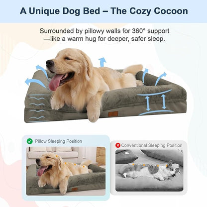 Large Orthopedic Dog Bed, Waterproof Dog Bed with Removable Cover, Washable Pet Beds for Large Dogs, 4-Sides Removable Bolster Egg Crate Foam Soft Couch with Nonskid Bottom, Olive Green