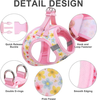 EXPAWLORER Small Dog Harness and Leash Set - Cute Puppy Harness Leash Dog Collar with AirTag Holder Silicone Case, Soft Padded Step in Pet Vest Reflective for Outdoor Walking, Floral XXS