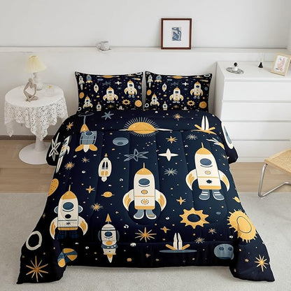 Erosebridal Galaxy Sun Bedding Sets Full Universe Stars Down Comforter,Rocket Quilt Set for Kids Toddler Cartoon Planets Style Quilted Comforter Lightweight Soft Room Decorative 3 Piece