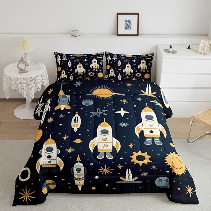 Erosebridal Galaxy Sun Bedding Sets King Universe Stars Down Comforter,Rocket Quilt Set for Kids Toddler Cartoon Planets Style Quilted Comforter Lightweight Soft Room Decorative 3 Piece