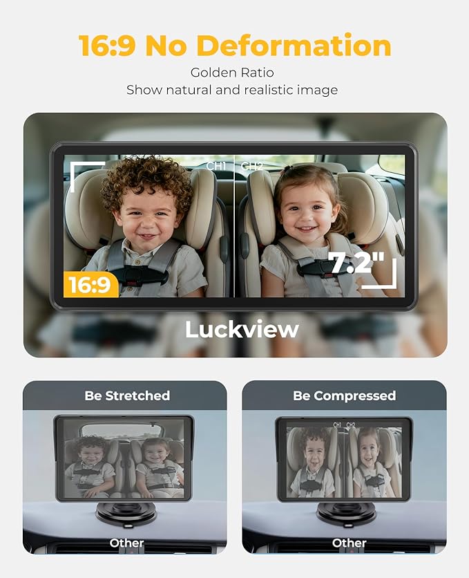 LUCKVIEW BM5 PRO Baby Car Camera for 2 Kids, 7.2" 1080P Dual Channel Display for Car Seat, Easy Installation with 2 IR Night Vision Cameras, Rear Seat Safety for Babies and Pets