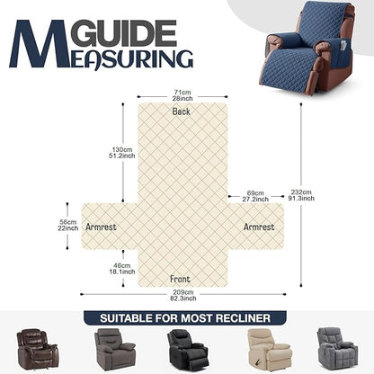 KinCam 100% Waterproof Recliner Chair Cover, Reclining Couch Covers for Pets, Dogs, Recliner Couch Slipcover Furniture Protector with Elastic Straps for Kids(28", Blue)