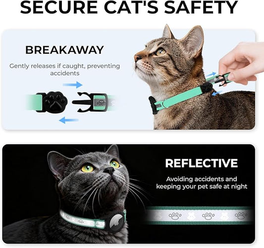 Breakaway AirTag Cat Collar, Reflective Cat Tracker Collar with Air Tag Holder and Bell, Safety Elastic Band Cat GPS Collars for Girl Boy Cats, Kittens and Puppies (Green, 8-13'')