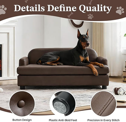Luxury Dog Sofa Bed Elevated Pet Couch with Durable Waterproof Leather & Orthopedic Sponge - Modern Furniture Style Dog Lounge & Pet Bedside Step for Medium/Large Dogs, Brown