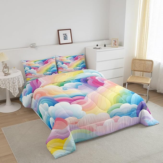 Erosebridal Girls Rainbow Bedding Set Twin Colorful Cloud Comforter Set Cartoon Geometric Stripe Down Comforter for Toddler Dreaming Pink Pastel Duvet Set Blue Purple Teen Cozy Décor 2 Piece