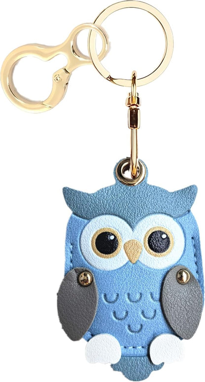 Leather Keychain Holder Case Compatible with AirTag,Cute Protective Cover with Keyring,Anti-Scratch Finder GPS Tracker Case for Wallet Keys,Bag,Pets,Backpack(Owl Blue)
