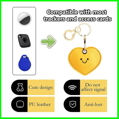 Leather Keychain Holder Case Compatible with AirTag,Cute Protective Cover with Keyring,Anti-Scratch Finder GPS Tracker Case for Wallet Keys,bag,pets,Backpack(Yellow Heart)