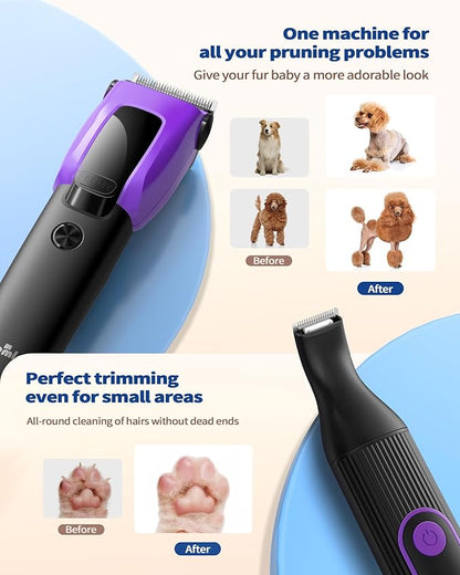 PAPMINI Dog & Cat Grooming Kit for Thick Coats, Heavy Duty Rechargeable Trimmer with LED Display & Storage Bag (Purple, 2 in 1)