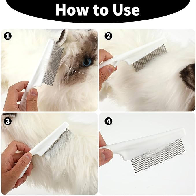 TIESOME 2PCS Stainless Steel Flea Comb for Dogs Cats, Tear Stain Remover Promotes Hair Growth Removes Loose Hair Fleas Dual-Size Grooming Brush for All Breeds(White)