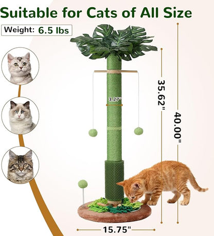 Cat Scratching Post, 40" Tall Palm Tree Scratch Post for Cats, Sisal Scratching Posts for Indoor Cats Adults with Hanging Cat Toys, Self-Grooming Brush, Snuffle Mat and Interactive Wooden Ball Track