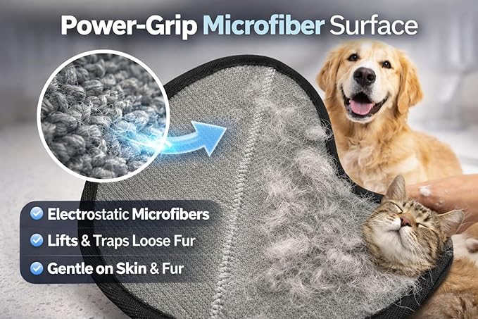 Pet Hair Removal Gloves 2 Pack – Removes Loose Pet Hair from Furniture, Couch, Clothes & Car – Dog & Cat Grooming Mitt – Reusable Fur Remover for Home Cleaning & Bath Massage