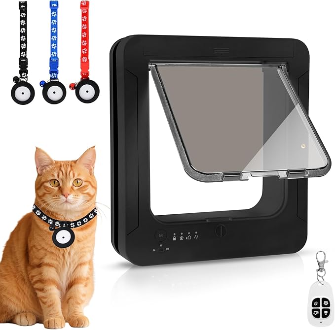 Smart Cat Door for Interior & Exterior, Flap Opening is 7.67’’ (H) by 7'' (W), RFID Cat Pet Door with 3 RFID Collar Sensor Keys & 1 Remote & 4 Way Locking Cat Flap, Automatic Opening Cat Door (Black)