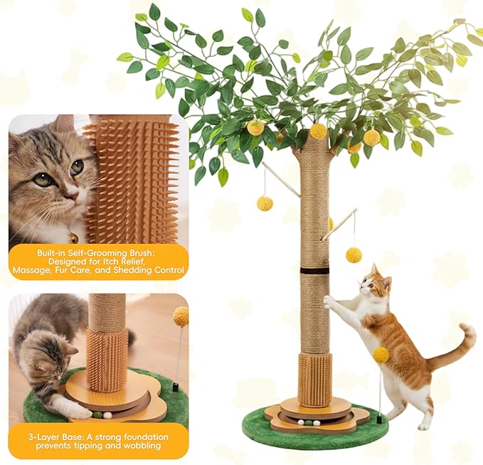 Tall Cat Scratching Post 45 Inch – Heavy Duty Sisal Cat Scratcher for Large Indoor Cats, Stable Base with Hanging Toys & Self Grooming Brush