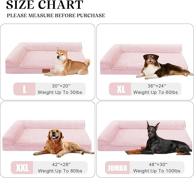 Orthopedic XL Dog Bed Large Sized Dog 42''X28'', Waterproof L Bolster Egg Crate Foam Big Pet Crate Beds with Washable Removable Cover, Non-Slip Soft Pet Couch Sleep Mat, Pink