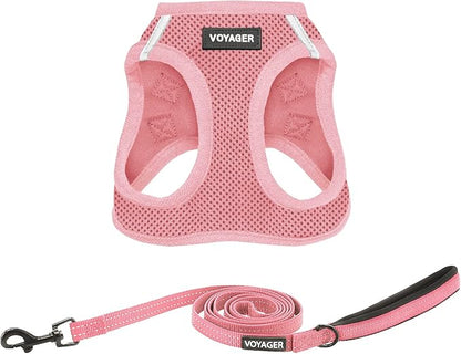 Best Pet Supplies Voyager Step-in Air All Weather Mesh Harness and Reflective Dog 5ft Leash Combo with Neoprene Handle, for Small, Medium and Large Breed Puppies - Set (Pink), Medium