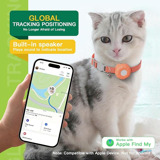 Cat Tracker,No Monthly Fee GPS Trackers for Cats,Pet Tracker Work with Apple Find My App(iOS Only),Real-Time Location Tracking,Cat Tracker GPS Collar with Safety Elastic Buckle-Orange