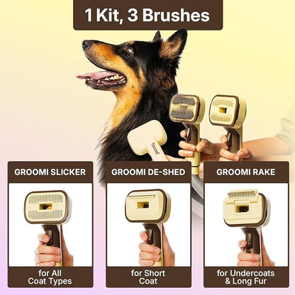 GROOMI Vacuum Pet Brush Kit – 3‑in‑1 Dog & Cat Grooming Tool, Self‑Cleaning Deshedding Brush & Pet Hair Remover, Universal Vacuum Attachment Including Dyson, Short, Medium & Long Fur, All Breeds