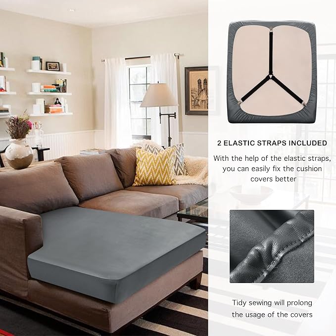 Yates Home Couch Covers for Sectional Sofa L Shape PU Leather Cushion Slipcover Water-Proof Elastic Chaise Seat Cover Protector Slip Cover for Settee Seater Replacement in Living Room（Chaise, Gray