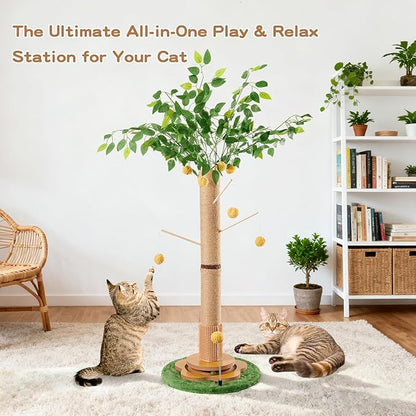 45" Tall Cat Scratching Post with Sisal Rope for Indoor Cats Adults Kittens, Cat Tree Scratcher with Hanging Balls, Self Groomer, Track Balls