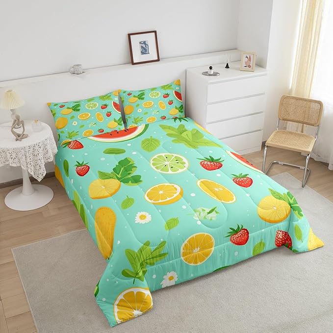 Erosebridal Tropical Fruit Full Comforter Set Strawberry Lemon Bedding Set Summer Holiday Duvet Insert White Daisy Flower Leaves Bed Set,Children Blue Breathable Soft Home Décorative 3 Piece