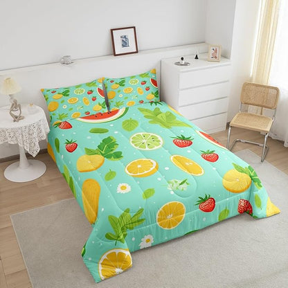 Erosebridal Tropical Fruit Full Comforter Set Strawberry Lemon Bedding Set Summer Holiday Duvet Insert White Daisy Flower Leaves Bed Set,Children Blue Breathable Soft Home Décorative 3 Piece