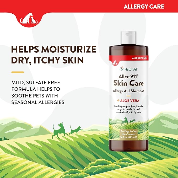 NaturVet Aller-911 Skin Care Allergy Aid Pet Shampoo with Aloe Vera – Pet Health Supplement Shampoo & Grooming Aid for Dermatitis, Dog Skin Allergies, Itching, Hot Spots, Cat Rashes – 16 Oz.