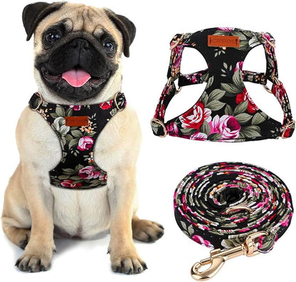 CHEDE No Pull Floral Pattern Dog Harness- Lightweight and Soft Harness, Adjustable Small Dog Harness and Leash Set, with Dog Leash, Suitable for Puppy Small and Medium-Sized Dog (M, Black Flower)