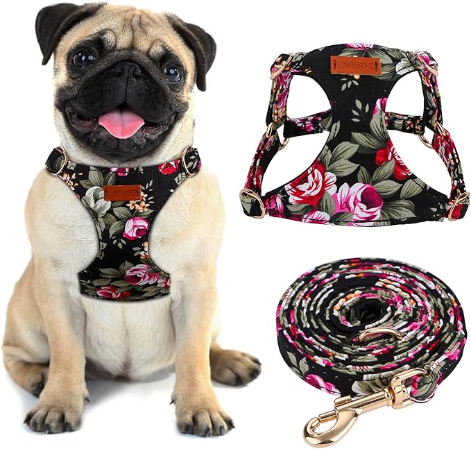 CHEDE No Pull Floral Pattern Dog Harness- Lightweight and Soft Harness, Adjustable Small Dog Harness and Leash Set, with Dog Leash, Suitable for Puppy Small and Medium-Sized Dog (S, Black Flower)