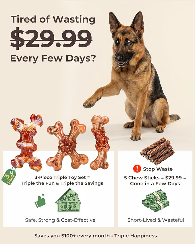 3 Pack Indestructible Dog Toys for Aggressive Chewers, Bacon Flavored Nylon Chew Bones, Tough Durable for Large Dogs 20-90 lbs