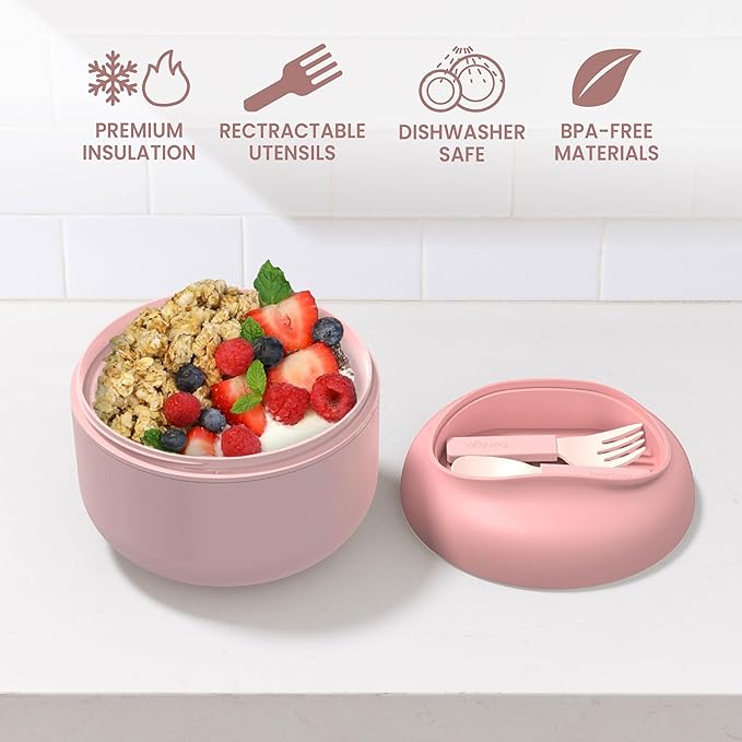 Bentgo Bowl - Insulated Leak-Resistant Bowl with Snack Compartment, Collapsible Utensils and Improved Easy-Grip Design for On-the-Go - Holds Soup, Rice, Cereal & More - BPA-Free, 21.2 oz (Blush)