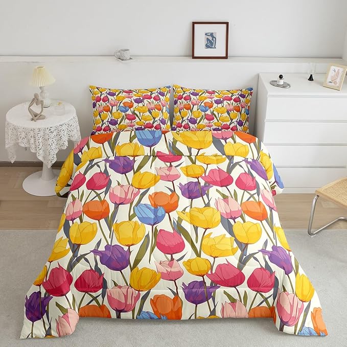 Erosebridal Rainbow Flower Bedding Sets Twin Colorful Floral Comforter Chic Girly Tulip Duvet Insert Botanical Leaf Bedding Bedding Set Girls Women Lady Duvet Insert Home Décor Microfiber