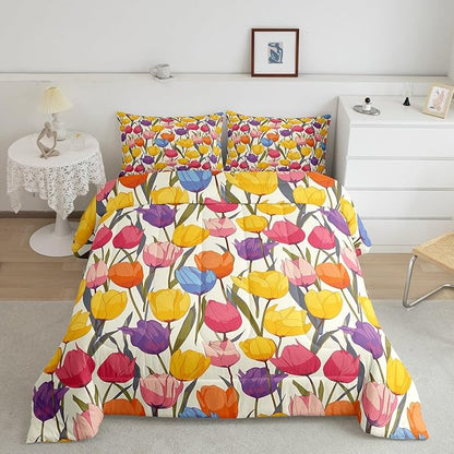 Erosebridal Rainbow Flower Bedding Sets Twin Colorful Floral Comforter Chic Girly Tulip Duvet Insert Botanical Leaf Bedding Bedding Set Girls Women Lady Duvet Insert Home Décor Microfiber