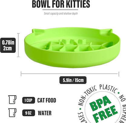 Silicone Cat Slow Feeder Bowl With Suction Cups - Interactive Puzzle Toy to Reduce Overeating in Kitty (Green, 1 Cup)