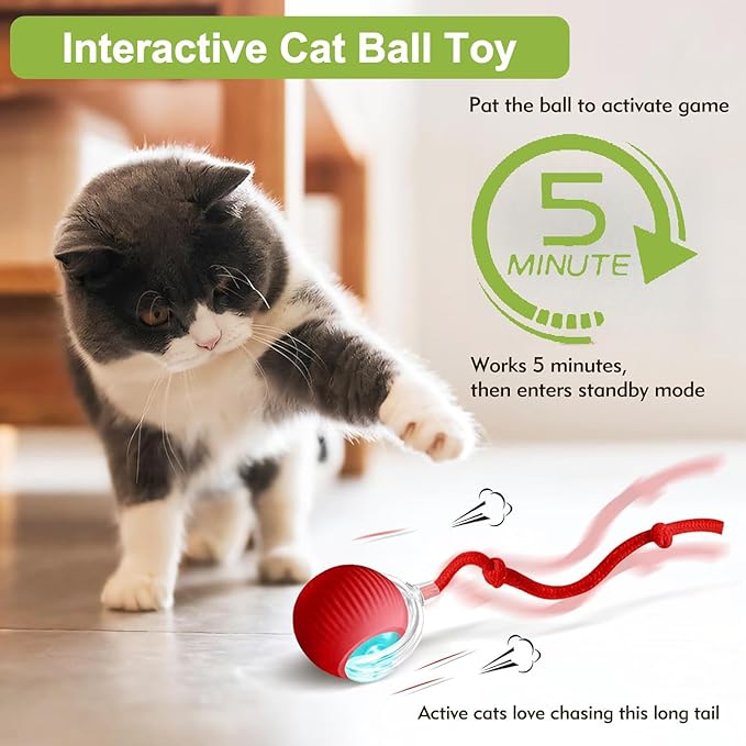 2 Pack Interactive Cat Toy Balls for Indoor, Interactive Puppy Toys Ball with Tail, Automatic Activate Cat Toys with 360° Fast Smart Movement, USB Rechargeability and Durable Enrichment Toy
