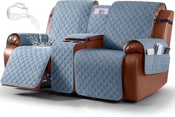 Ruaozz Waterproof Loveseat Recliner Cover with Console Non-Slip Reclining Couch Covers Split Sofa Slipcovers with Elastic Straps Furniture Protector for Kids, Dogs, Pets (Pastel Blue, 2 Seater)
