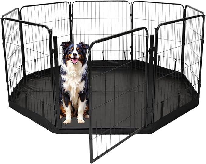 Dog Playpen w/Octagon Bottom Floor Cover - 32 inch, 8 Panel Portable Black Metal Pet Play Pen for Small & Medium Dogs - Indoor/Outdoor Kennel Cage for Home, Yard, RV, or Camping
