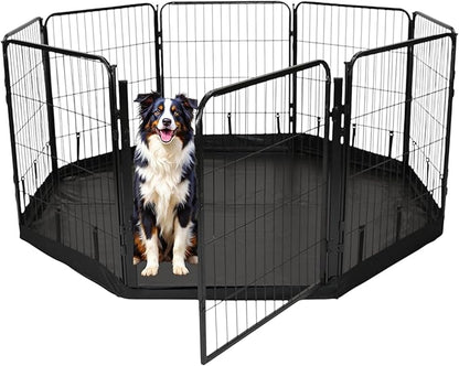 Dog Playpen w/Octagon Bottom Floor Cover - 32 inch, 8 Panel Portable Black Metal Pet Play Pen for Small & Medium Dogs - Indoor/Outdoor Kennel Cage for Home, Yard, RV, or Camping