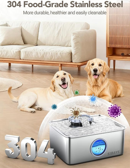 SIBAYS 4Gal/15L Dog Water Fountain, Stainless Steel Large Capacity Pet Water Fountain with Water Level LED Light, Automatic Quiet Dog Water Bowl Dispenser for Large Dogs & Multi-Pet Easy to Clean FS79