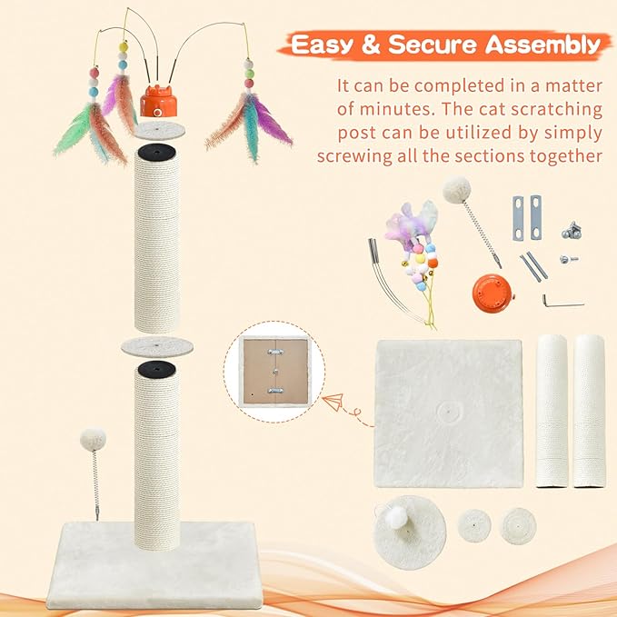 YARUOMY Cat Scratching Post，42.5" Tall Heavy Duty Cat Scratcher，Scratching Posts for Indoor Cats Adult with Interactive Cat Toys Automatic Teaser Wand and Rotating Hanging Balls