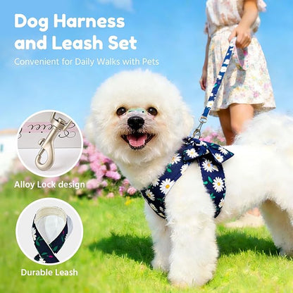 BAEJMJK Dog Harness and Leash Set with Bow Knot No Pull Pet Daisy Floral Harness with D-Ring Soft Mesh Dog Harness Vest Set Escape Proof Princess Puppy Harness for Small Girl Dogs Cats（Navy Blue L）