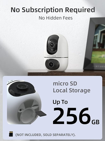 VIRTAVO Pet Camera Indoor for Dogs & Cats, 360° PTZ Pet Monitor with Motion Tracking, Dual‑Lens, 2‑Way Audio, Night Vision, No Subscription, Wi‑Fi 6 (2.4GHz/5GHz), SD & Cloud Storage