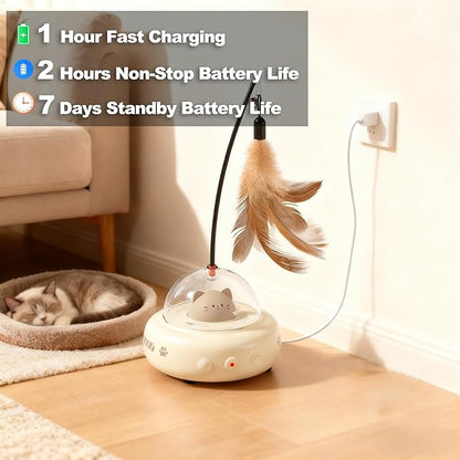 2 in 1 Rechargeable Interactive Cat Toys for Indoor Cats Self Play, Automatic Kitten Toys with Feather Wand and Laser Pointer for Cat Gifts (Cream White)