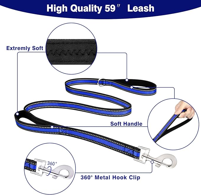 WINSEE Pet Harness Collar and Leash Set, All-in-one Reflective Dog Harness No Pull with Adjustable Buckles for Puppies, Small, Medium, Large, and Extra-Large Dogs (Large, Dark Blue)
