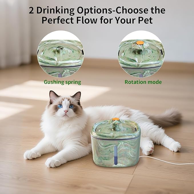 Cat Water Fountain,2.5L/84oz Cat Fountain for Drinking with Rotating Attractor & Camouflage Green Design –Automatic Pet Water Dispenser Bowl (Green+8Filters)