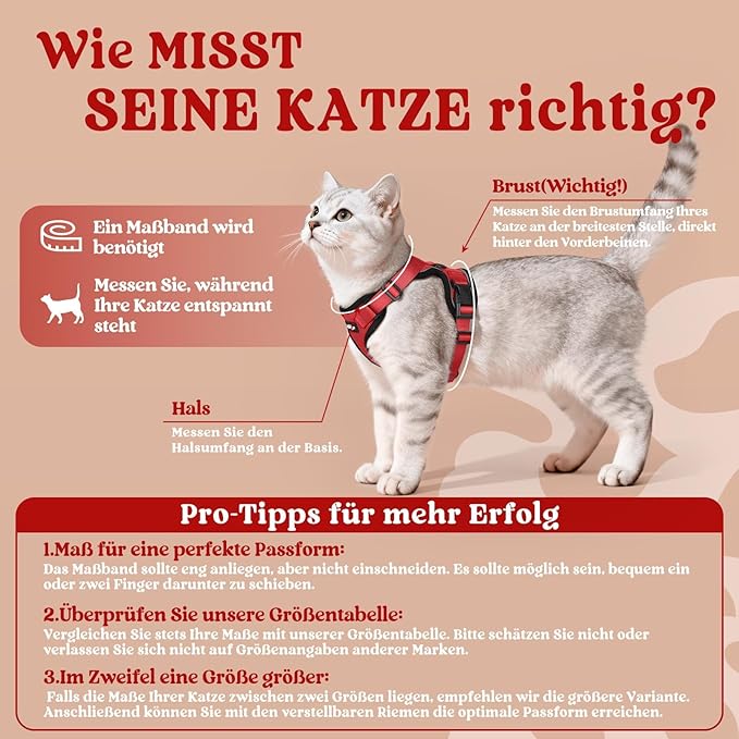 rabbitgoo Cat Harness and Leash for Walking, Escape Proof Soft Adjustable Vest Harnesses for Cats, Easy Control Breathable Reflective Strips Jacket, Red, M