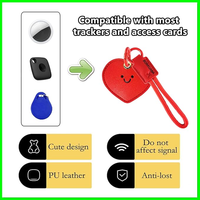 Leather Keychain Holder Case Compatible with AirTag,Cute Protective Cover with Keyring and Lanyard,Anti-Scratch Finder GPS Tracker Case for Wallet Keys,Bag,Pets,Backpack(Heart)